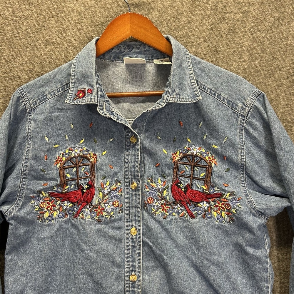 Bobbie Brooks Women M Denim Embroidered‎ Cardinal  Long Sleeve Shirt